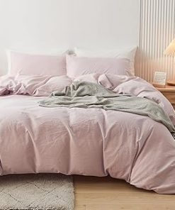 100% Cotton Duvet Cover Queen Dusty Pink Comforter Cover Sets for Women Men Linen Texture 3 Pcs Bedding Sets Collection 1 Duvet Cover & 2 Pillowcases