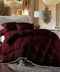 1 Piece White Vintage Pom-Pom Fringe, Box Design Comforter 1000 Thread Count 100% Egyptian Cotton - (Full/Queen Size, Wine Color) 550 GSM Filling