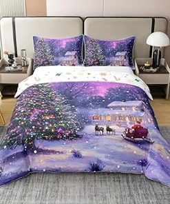100% Cotton Merry Christmas King Duvet Cover Glitter Lights Xmas Tree Cartoon Santa Bedding Set for Kids Teens Adults Wild Elk Animal Rustic Farmhouse Style Comforter Cover,2 Pillowcases(No Comforter)