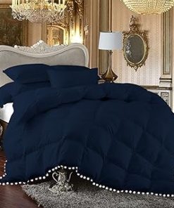1 Piece White Vintage Pom-Pom Fringe, Box Design Comforter 1000 Thread Count 100% Egyptian Cotton - (Full/Queen Size, Navy Color) 550 GSM Filling