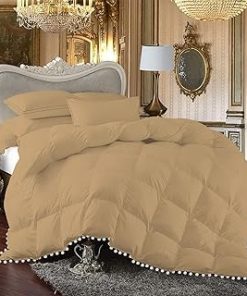 1 Piece White Vintage Pom-Pom Fringe, Box Design Comforter 1000 Thread Count 100% Egyptian Cotton - (Full/Queen Size, Taupe Color) 550 GSM Filling