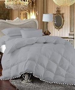 1 Piece White Vintage Pom-Pom Fringe, Box Design Comforter 1000 Thread Count 100% Egyptian Cotton - (Full/Queen Size, Silver Color) 550 GSM Filling