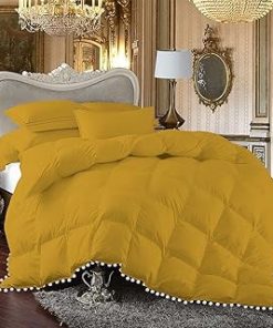 1 Piece White Vintage Pom-Pom Fringe, Box Design Comforter 1000 Thread Count 100% Egyptian Cotton - (Full/Queen Size, Gold Color) 550 GSM Filling