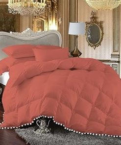1 Piece White Vintage Pom-Pom Fringe, Box Design Comforter 1000 Thread Count 100% Egyptian Cotton - (Full/Queen Size, Brick Red Color) 550 GSM Filling