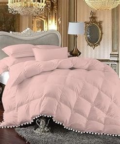 1 Piece White Vintage Pom-Pom Fringe, Box Design Comforter 1000 Thread Count 100% Egyptian Cotton - (Full/Queen Size, Blush Color) 550 GSM Filling
