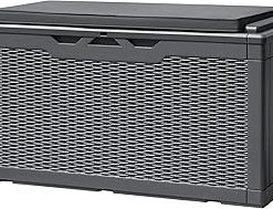 100 Gallon Deck Box, Waterproof Resin Outdoor Storage Box with Cushion for Outside and Patio, Large Outdoor Storage Bench Cabinet Lockable for Patio Furniture and Garden Tools (Gray)