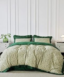 YuHeGuoJi Green Flower Duvet Cover Queen 100% Cotton Romantic Ruffled Duvet Cover 3 Pcs Set 1 Emerald Green Floral Duvet Cover with Zipper Ties 2 Pillow Shams Farmhouse Botanical Bedding Set