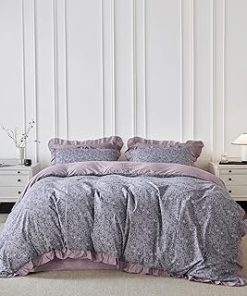 YuHeGuoJi Purple Ruffle Duvet Cover Queen 100% Cotton Cute Floral Duvet Cover 3 Pcs Set 1 Decorative Romantic Botanical Duvet Cover with Zipper Ties 2 Pillow Shams Lilac Purple Flower Bedding