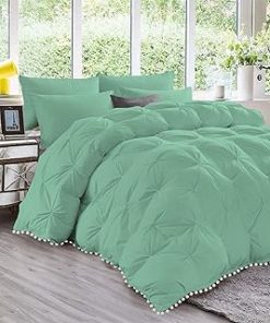 1 Piece White Pom Pom Fringe Pinch Pleated Comforter | 1000 Thread Count 100% Egyptian Cotton, Super Soft (Twin/Twin XL Size Mint Color) 550 GSM Filling