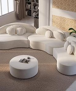 107-Inch L-Shaped 3-Seater Cloud Couch with Movable Ottoman, Chenille Upholstered Sofa Bed, High-Support Double Layer Sponges & Soft Cushions, Beige