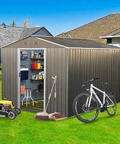10 x 8 FT Outdoor Storage Shed, Metal Garden Shed with Floor Frame, Large Tool Shed Outdoor Storage with Lockable Sliding Doors & Air Vents, Storage House Waterproof for Backyard, Lawn, Gray
