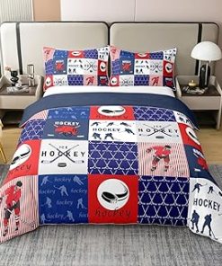 100% Cotton Hockey Full Duvet Cover For Kids Boys,Ice Hockey Bedding Set,Hockey Player Ball Gaming Comforter Cover,Red Blue Patchwork Bedspread Cover For Bedroom Decor,Geometric Grid Quilt Cover