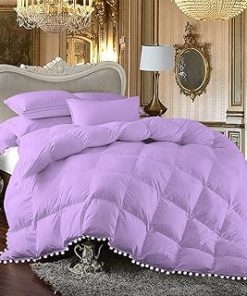 1 Piece White Vintage Pom-Pom Fringe, Box Design Comforter 1000 Thread Count 100% Egyptian Cotton - (Full/Queen Size, Lilac Color) 550 GSM Filling