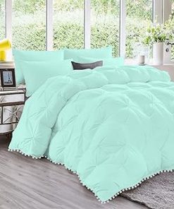 1 Piece White Pom Pom Fringe Pinch Pleated Comforter | 1000 Thread Count 100% Egyptian Cotton, Super Soft (Oversized Super King Size Aqua Blue Color) 550 GSM Filling