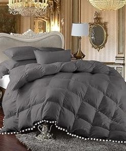 1 Piece White Vintage Pom-Pom Fringe, Box Design Comforter 1000 Thread Count 100% Egyptian Cotton - (Full/Queen Size, Dark Grey Color) 550 GSM Filling
