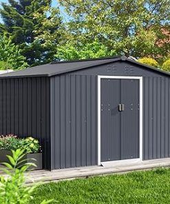 Zstar 10 x 8 FT Outdoor Storage Shed, Metal Storage Shed with Updated Frame Structure, Lockable Doors and Sloped Roof, Large Storage Shed for Backyard Garden Patio Lawn, Gray