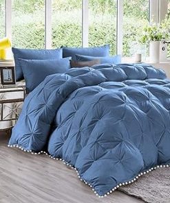 1 Piece White Pom Pom Fringe Pinch Pleated Comforter | 1000 Thread Count 100% Egyptian Cotton, Super Soft (Oversized Super King Size Medium Blue Color) 550 GSM Filling