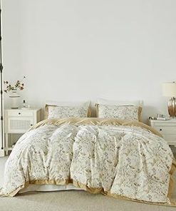 YuHeGuoJi Brown Botanical Duvet Cover King 100% Cotton Decorative Gold Hemmed Duvet Cover 3 Pcs Set 1 White Floral Duvet Cover with Zipper Ties 2 Pillow Shams Farmhouse Leaves Patterned Bedding