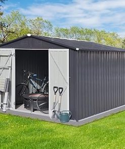 10x12 FT Outdoor Storage Shed, Metal Garden Shed with Lockable Hinged Doors, Large Storage Building with Sloped Roof & 4 Air Vents, Waterproof Outside Tool Shed for Backyard, Patio, Lawn, Dark Gray