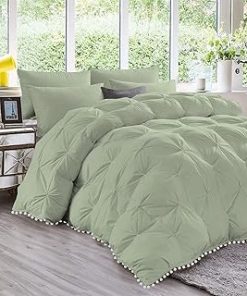 1 Piece White Pom Pom Fringe Pinch Pleated Comforter | 1000 Thread Count 100% Egyptian Cotton, Super Soft (Oversized Super King Size Light Sage Color) 550 GSM Filling