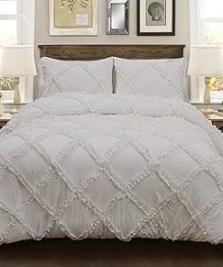 1 Piece Cross Diamond Ruffle Comforter with Zipper & Corner Ties 400 GSM 100% Egyptian Cotton Premium Hotel Class Bedding (Oversized Queen, Silver)