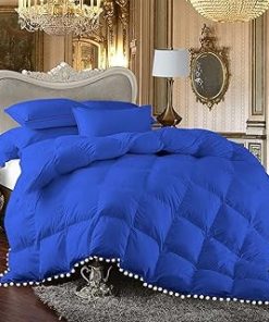 1 Piece White Vintage Pom-Pom Fringe, Box Design Comforter 1000 Thread Count 100% Egyptian Cotton - (Full/Queen Size, Royal Blue Color) 550 GSM Filling