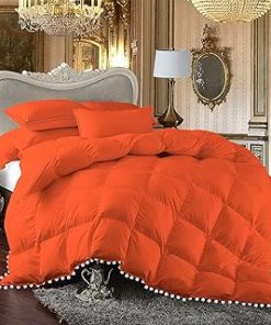 1 Piece White Vintage Pom-Pom Fringe, Box Design Comforter 1000 Thread Count 100% Egyptian Cotton - (Full/Queen Size, Orange Color) 550 GSM Filling