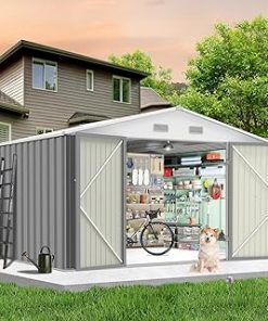 10x12 Ft Outdoor Storage Shed, Large Steel Utility Tool Shed, Garden Patio Lawn Poolside Metal Shed Outdoor Storage with Sloped Roof & Locking Door Designed to Organize Tools in Yard, Gray