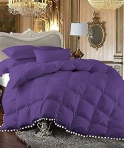 1 Piece White Vintage Pom-Pom Fringe, Box Design Comforter 1000 Thread Count 100% Egyptian Cotton - (Full/Queen Size, Purple Color) 550 GSM Filling