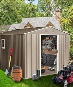 10x 8FT Outdoor Steel Storage Shed with Lockable Doors and Window Accessories, Ideal for Garden, Backyard, and Patio Utility and Tool Storage