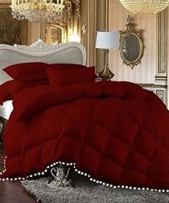1 Piece White Vintage Pom-Pom Fringe, Box Design Comforter 1000 Thread Count 100% Egyptian Cotton - (Full/Queen Size, Burgundy Color) 550 GSM Filling