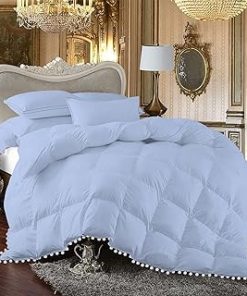 1 Piece White Vintage Pom-Pom Fringe, Box Design Comforter 1000 Thread Count 100% Egyptian Cotton - (Full/Queen Size, Light Blue Color) 550 GSM Filling