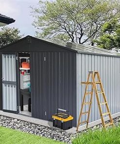 11x12.5 FT Outdoor Storage Shed, Waterproof Metal Garden Shed with Windows, Galvanized Steel Outdoor Storage Cabinet with Lockable Door for Backyard, Patio, Lawn, Dark Grey