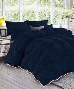 1 Piece White Pom Pom Fringe Pinch Pleated Comforter | 1000 Thread Count 100% Egyptian Cotton, Super Soft (Oversized Super King Size Navy Color) 550 GSM Filling