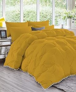 1 Piece White Pom Pom Fringe Pinch Pleated Comforter | 1000 Thread Count 100% Egyptian Cotton, Super Soft (Oversized Super King Size Gold Color) 550 GSM Filling