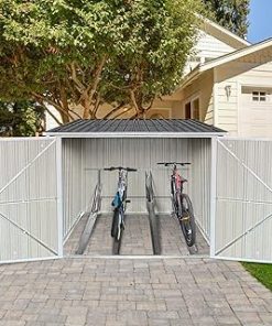 YOPTO 8X7 FT Bicycle Outdoor Steel Storage Shed,Metal Aluminum Waterproof Tool Sheds with Stores 4 Bikes,Heavy-Duty Bike Cabinet W/Hinge Handle Doors,for Garden,Lawn,Backyard,Patio,Grey Ash