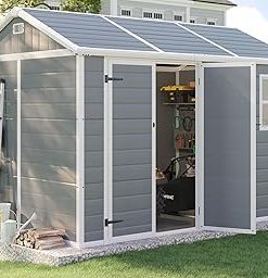 10.5x7.6x7.5 FT Resin Storage Shed with Floor, Outdoor Tool Sheds with Vents, Window, and Stainless Steel Cores, for Lawnmowers/Bicycles/Pool Supplies, Grey