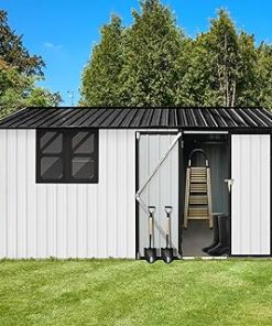 10x12 FT Storage Sheds & Outdoor Storage, Metal Sheds Outdoor Storage Sheds, Outdoor Storage Cabinet Weatherproof, Outdoor Shed with Lock and Window, Garden Shed for Tools, Barbeques (White)