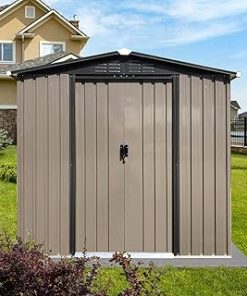 ZSQ 4Ft x 6Ft Apex Roof Brown Metal Outdoor Storage Shed with Sliding Doors
