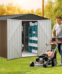 10x12 Ft Outdoor Storage Shed, Large Metal Storage Sheds with Updated Frame Structure and Lockable Doors, Garden Tool Shed for Backyard Patio Lawn, Brown