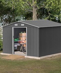 10x8Ft Outdoor Storage Shed with Lockable Doors, 4 Vents & Sloping Roof, Heavy Duty Metal Storage House with Aluminum Frame for Garden Backyard Patio, Weather Proof, Tool Accessories Included, White