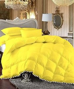 1 Piece White Vintage Pom-Pom Fringe, Box Design Comforter 1000 Thread Count 100% Egyptian Cotton - (Full/Queen Size, Yellow Color) 550 GSM Filling