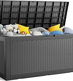 100 Gallon Deck Box, Large Resin Outdoor Storage Box Waterproof, Outside Deck Box with Lockable Lid for Patio Furniture, Pool Tools, Outdoor Equipments and Garden Tools