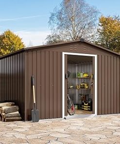 Zstar 12 x 10 FT Outdoor Storage Shed, Large Metal Storage Shed with Sloping Roof & Lockable Door, Steel Utility Tool Shed Storage House for Tool, Garden, Bike, Brown