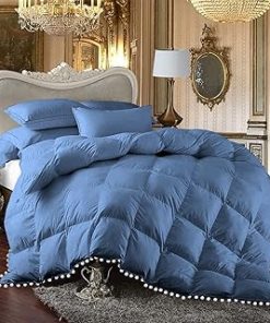 1 Piece White Vintage Pom-Pom Fringe, Box Design Comforter 1000 Thread Count 100% Egyptian Cotton - (Full/Queen Size, Medium Blue Color) 550 GSM Filling