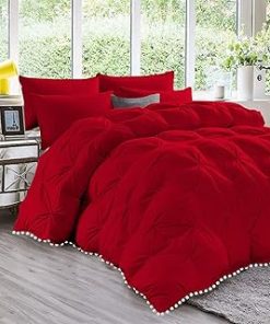 1 Piece White Pom Pom Fringe Pinch Pleated Comforter | 1000 Thread Count 100% Egyptian Cotton, Super Soft (Oversized Super King Size Red Color) 550 GSM Filling