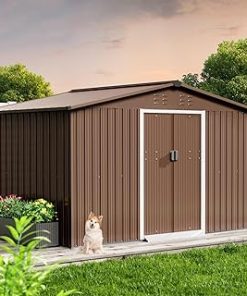 10 x 10 Ft Shed for Outdoor Storage, Large Waterproof Lockable Door Metal Tool Shed with Sliding Door and Ventilation, Storage House for Backyard, Garden, Patio, Lawn, Brown