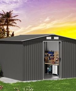 10' x 10' Outdoor Metal Storage Shed, Garden Tool Shed with Double Sliding Door and Sloping Roof, Shed House for Backyard Patio Lawn to Store Utility and Tools, Gray