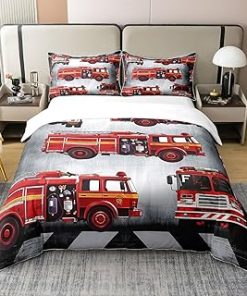 100% Cotton Fire Trucks Duvet Cover Queen Size 3 Pcs Cartoon Abstract Modern Red Vehicle Decor Bedding Set for Kids Boys Teens Black Gray Tie Dye Graffiti Comforter Cover,2 Pillowcases,No Comforter
