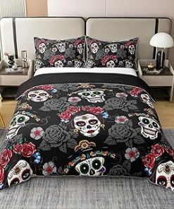 100% Cotton Sugar Skull Duvet Cover Queen Size 3 Pcs Retro Red Gray Rose Romantic Style Bedding Set for Kids Teens Adults Happy Halloween Theme Human Skull Comforter Cover,2 Pillowcases,No Comforter